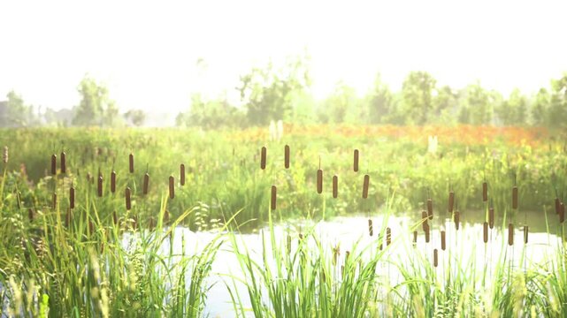 Flowering marsh with reflective water pools and scattered wildflowers, vibrant stems and reeds framing small ponds, busy pollinator habitat under warm daylight