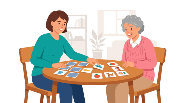 Joyful intergenerational moment: Young woman plays memory game with elderly grandmother, fostering connection and cognitive engagement.