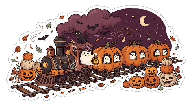 Halloween Ghost Train Pumpkin Express Illustration with Friendly Ghosts and Black Cat