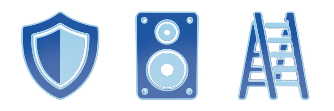Set of security and utility icons including shield audio speaker and stepladder in blue 3D style
