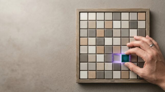 Hand placing square tile onto wall symbolizes market opportunity representing valuable open space within established categories