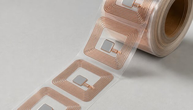 Roll of RFID inlay tags with copper antenna coils partly unrolled