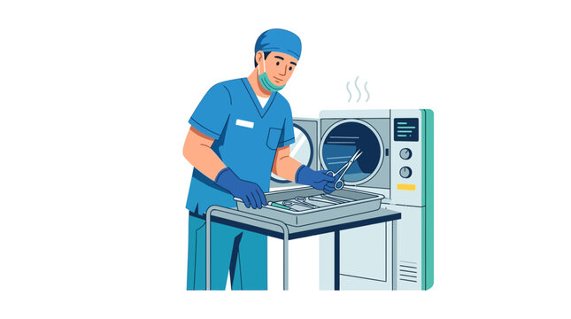 Medical Professional Sterilizing Surgical Instruments in Autoclave - Vector Illustration