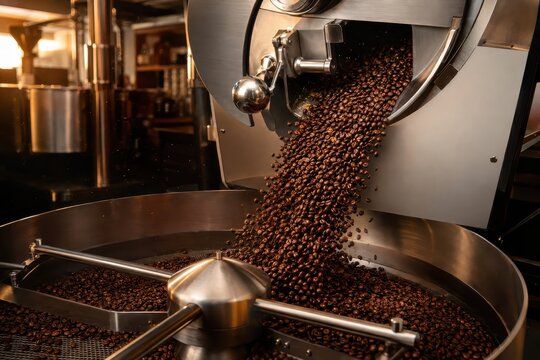 Coffee beans cascading from a roasting drum in a roastery