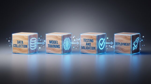 Machine learning pipeline concept represented by wooden blocks showing stages of data collection, model training, testing and validation, and deployment with glowing blue icons
