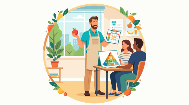 Nutritionist teaching healthy eating with food pyramid and fruit illustration