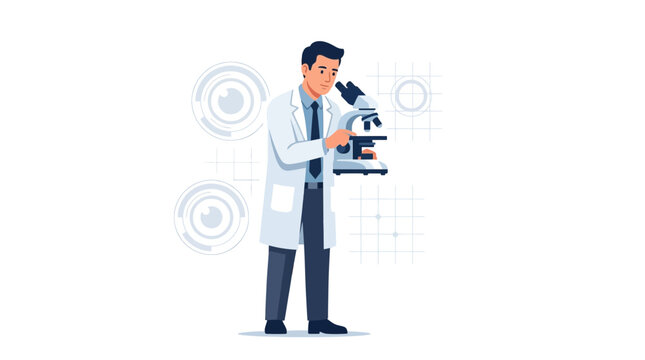 Scientist in Lab Coat Using Microscope with Futuristic Sci-Fi Background