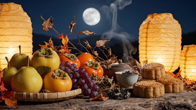 Traditional Mid Autumn Festival Celebration Table Featuring Mooncakes and Seasonal Harvest Fruits Under Moonlight