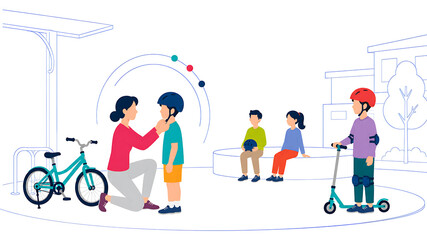 Fototapeta premium Child Injury Prevention and Bicycle Safety Education with Children Wearing Helmets and Protective Gear, Modern UI Editorial Flat Vector Illustration