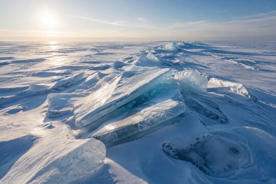 Sea ice pressure ridges under a pale low winter sun