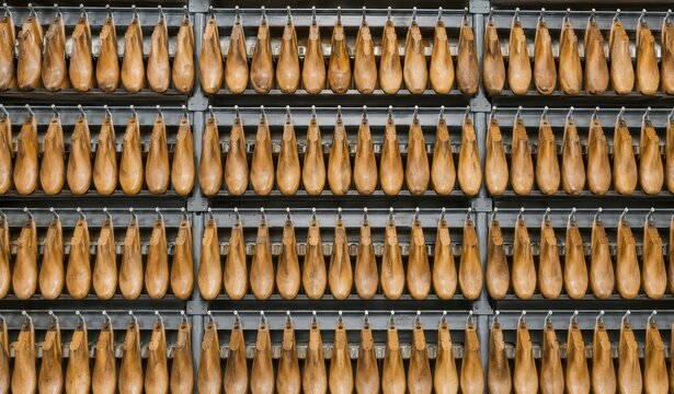 Rows of wooden shoe lasts on a factory rack