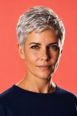 Obraz premium Confident woman with a silver pixie cut on a coral backdrop