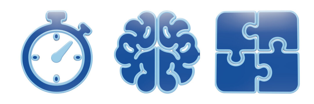 Set of blue 3d icons including stopwatch brain and puzzle pieces for business and management presentations