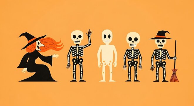 Halloween themed illustration of a witch and skeletons in various poses