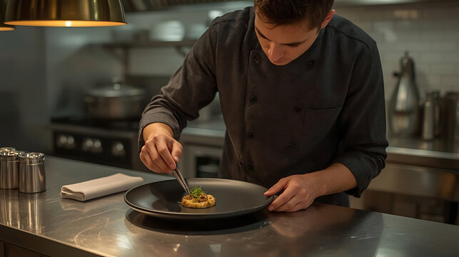 Focused Professional Chef Plating Gourmet Dish with Tweezers in Fine Dining Kitchen