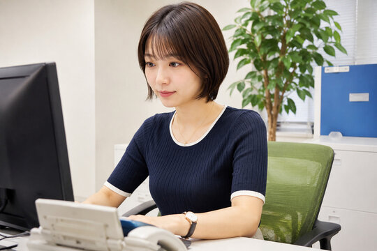 植物のあるオフィスで紺色の服の女性が画面を見つめる