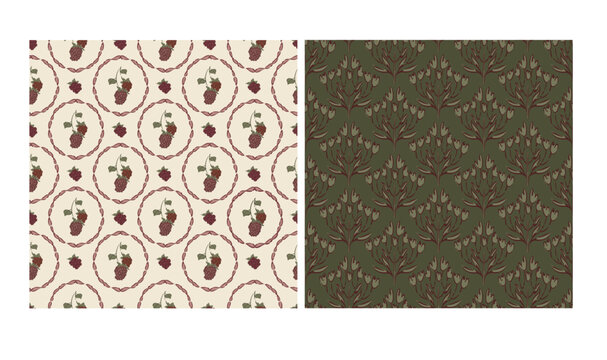 Vintage Berry and Botanical Seamless Pattern Set