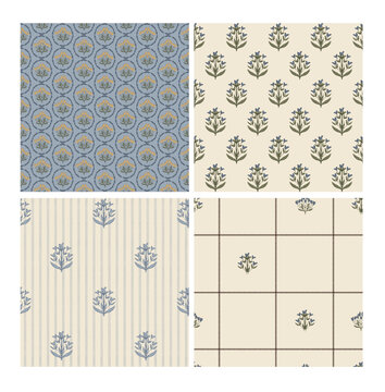 Blue and Cream Folk Floral Seamless Pattern Collection