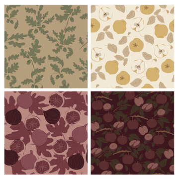 Vintage Botanical Fruit and Acorn Seamless Pattern Collection