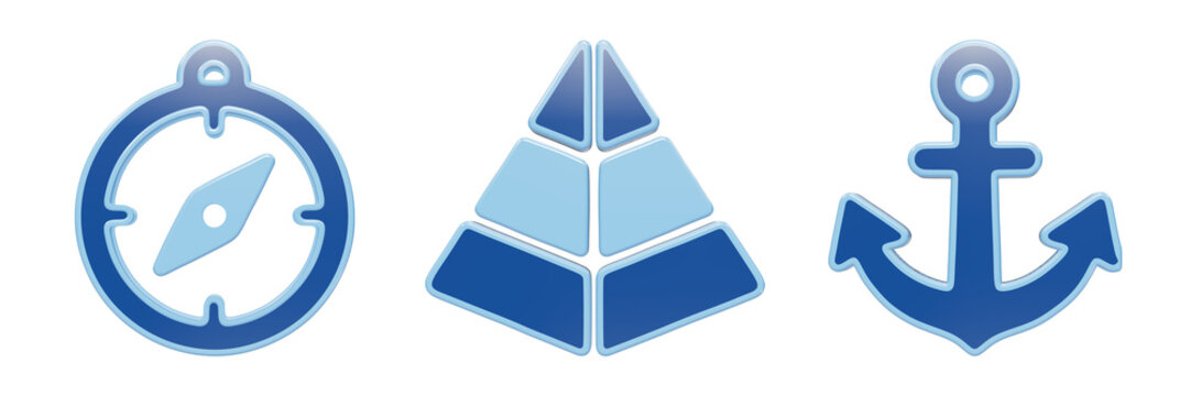 Nautical compass navigation pyramid chart and anchor icon set in glossy blue 3d render