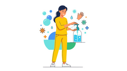 Obraz premium Woman washing hands with soap and water, hygiene concept, preventing virus spread, vector illustration