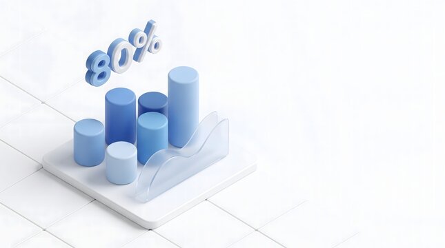 Isometric 3d data chart showing blue cylinders and eighty percent sign