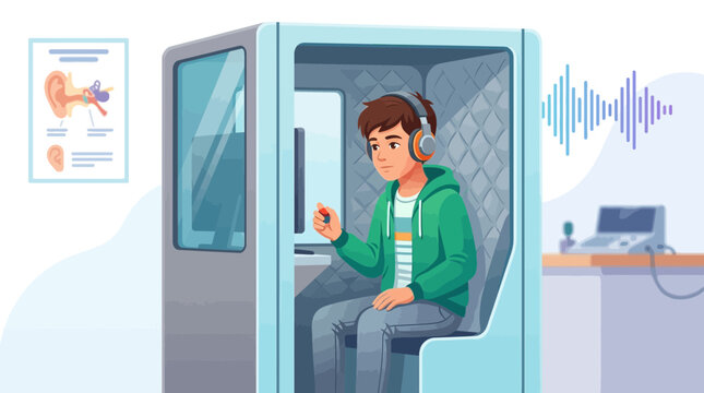 Young Person Undergoing Hearing Test in Soundproof Booth with Audiology Equipment and Ear Diagram