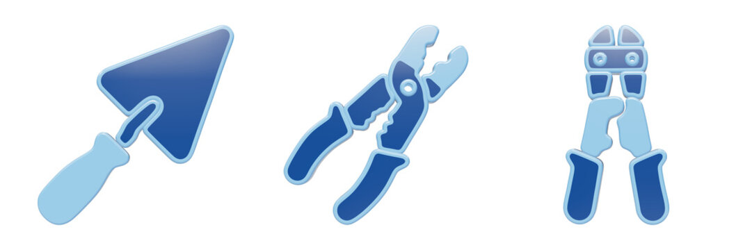 Collection of blue glass masonry trowel wire stripper and bolt cutter industrial tool icons