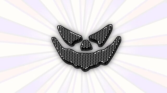 Spooky face icon resembling a Halloween pumpkin mask with glossy black-silver hexagonal perforated texture and thick outline.