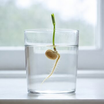 Bean sprouting in a glass of water on a bare windowsill