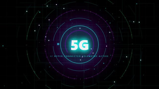 Glowing 5G Network Logo with Futuristic Cyber UI Grid Loop