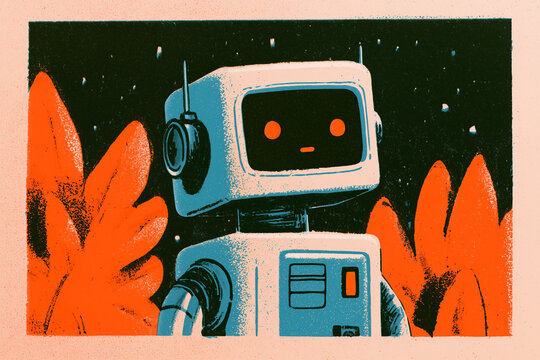 cute vintage style robot looking up through orange leaves at night sky and stars