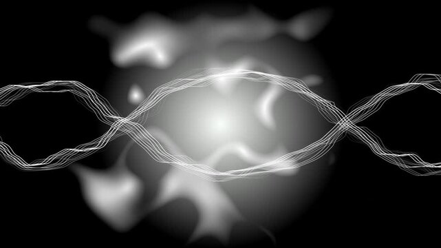 White glowing audio waveform with abstract smoke on black background, futuristic sound visualization