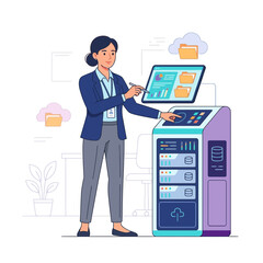 Fototapeta premium Businesswoman managing servers and cloud data with tablet in modern office, technology and IT concept