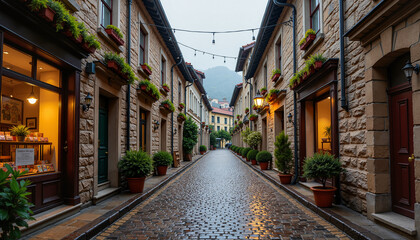 Fototapeta premium cobblestone street lined with charming buildings and potted plants illuminated by lanterns in a quaint village, inviting atmosphere for travel or tourism concepts