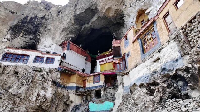 Zanskar, India : Panoramic footage of building exterior of Phuktal gompa, cliffside monastery built in natural cave of Zanskar in the Himalayas mountain in Ladakh, India 
