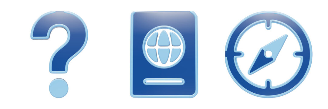Set of question mark passport and compass icons in glossy blue 3d styling