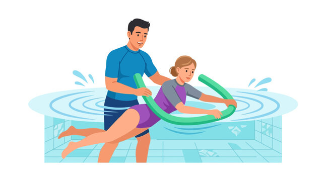 Aquatic Therapy Session: Trainer Assisting Woman with Pool Noodle Exercise