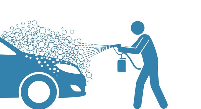 Worker spraying active foam on a car silhouette: Design for car wash signage, auto detailing services, or maintenance service flyers. JPEG version.