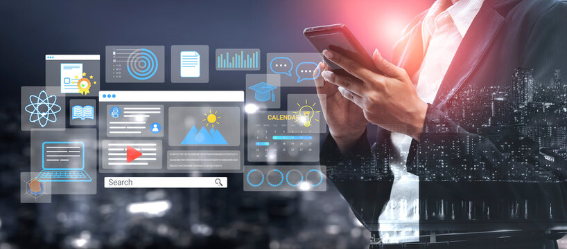 Business professional using smartphone with digital interface displaying various technology and data analytics concepts in a modern cityscape. Entropy.