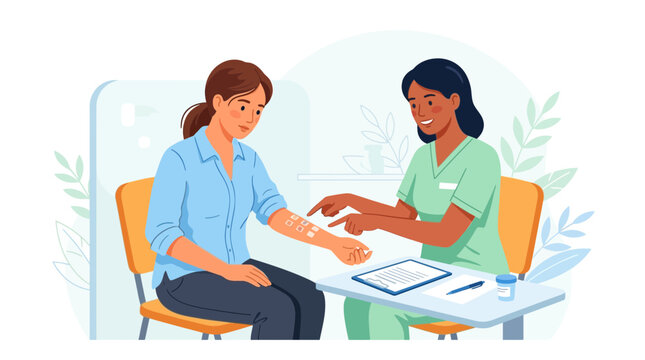 Dermatologist performing allergy skin patch test on patient's arm, modern flat vector illustration.