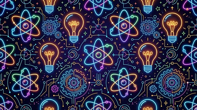 Seamless pattern with glowing atoms lightbulbs and circuit board elements on dark background