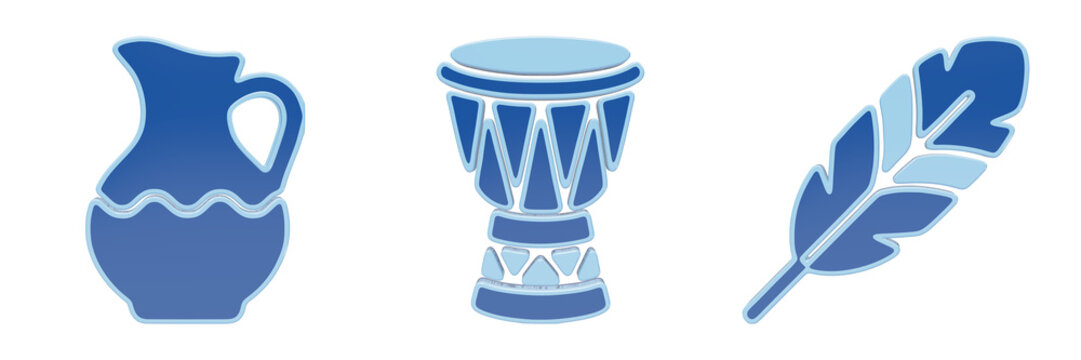 Blue clay jug african djembe drum and feather icon set with papercut glassmorphic style