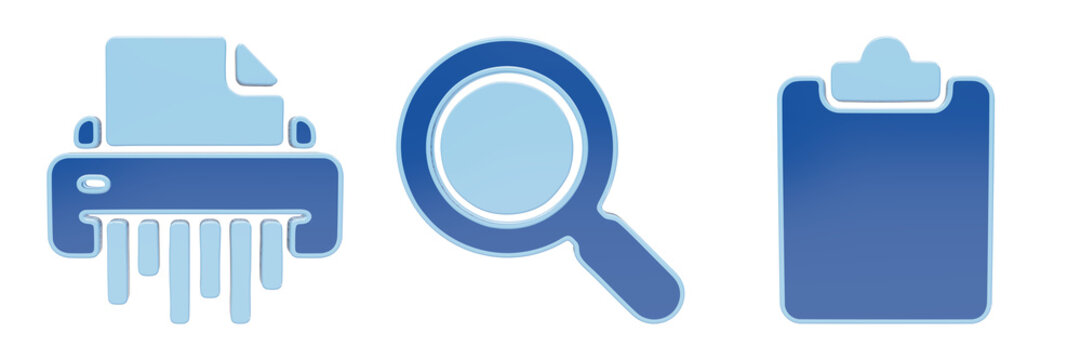 Paper shredder magnifying glass and clipboard glassmorphic blue icon set