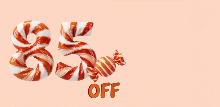 Glossy eighty five percent off sale sign made of orange and white striped candy. A sweet promotional discount banner with copy space on a pastel background