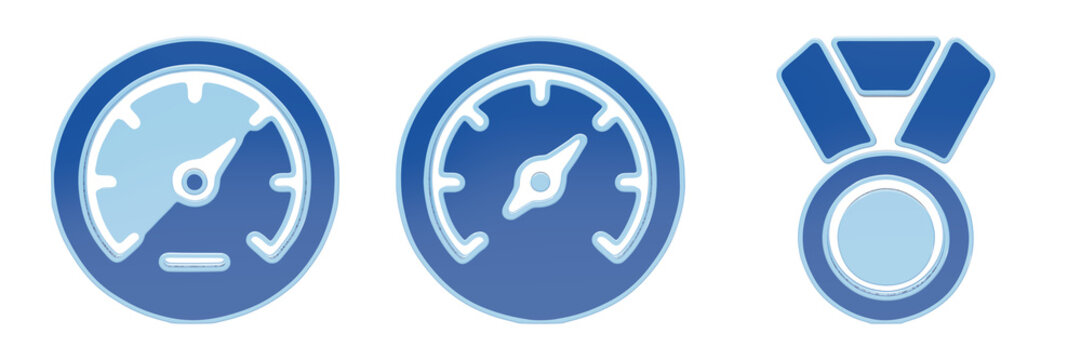 Speedometer gauge compass and medal icons in blue gradient style for performance measurement and achievement