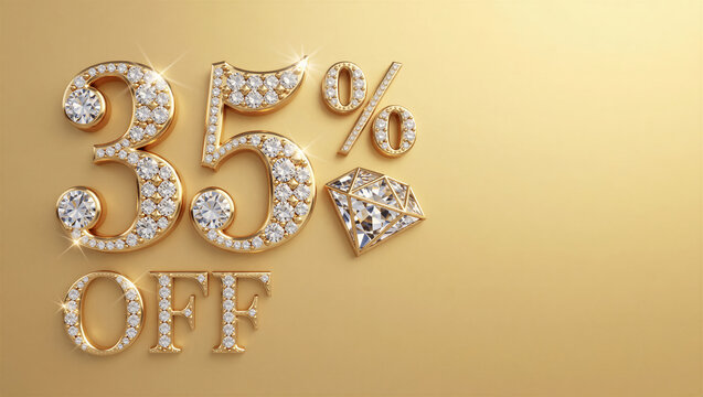 Elegant gold 35 percent off sale sign adorned with diamonds on a metallic golden background. Luxury discount banner with copy space for promotion