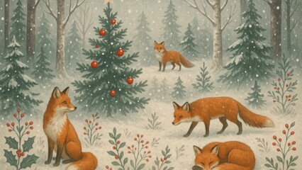 Fototapeta premium Foxes in snowy forest desktop wallpaper