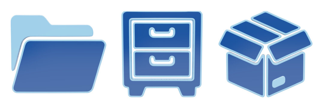 3d render blue folder, filing cabinet, and open box icons for organization and storage
