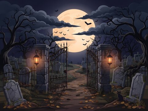 Spooky graveyard with iron gate and full moon in a dark night during halloween season